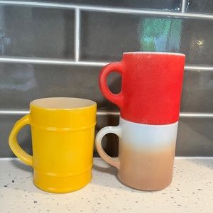 3 Vintage Misfit Milk Glass Mugs in Yellow, Red and Brown Ombré